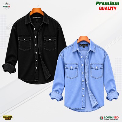 Regular Button Double Pocket Denim Shirt _ BLACK & LIGHT BLUE.