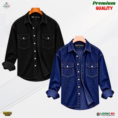 Regular Button Double Pocket Denim Shirt _ BLACK & DEEP BLUE.