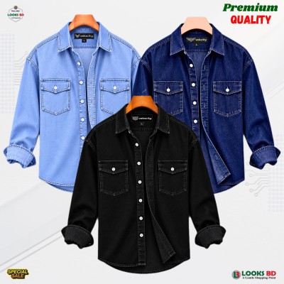 Regular Button Double Pocket Denim Shirt _ BLACK, LIGHT BLUE & DEEP BLUE.