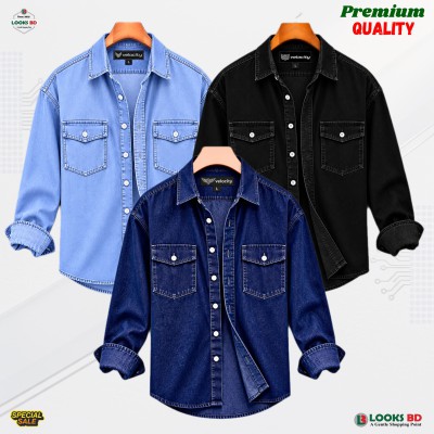 Regular Button Double Pocket Denim Shirt _ DEEP BLUE, LIGHT BLUE & BLACK.