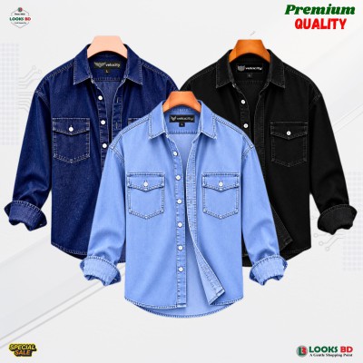 Regular Button Double Pocket Denim Shirt _ LIGHT BLUE, DEEP BLUE & BLACK.