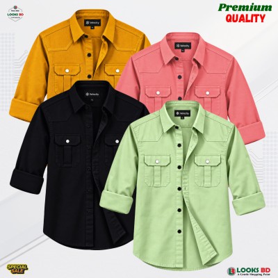 4 Pcs Combo Premium Quality Double Pocket Shirt - PINK, BLACK, KATHALI & LEMON.
