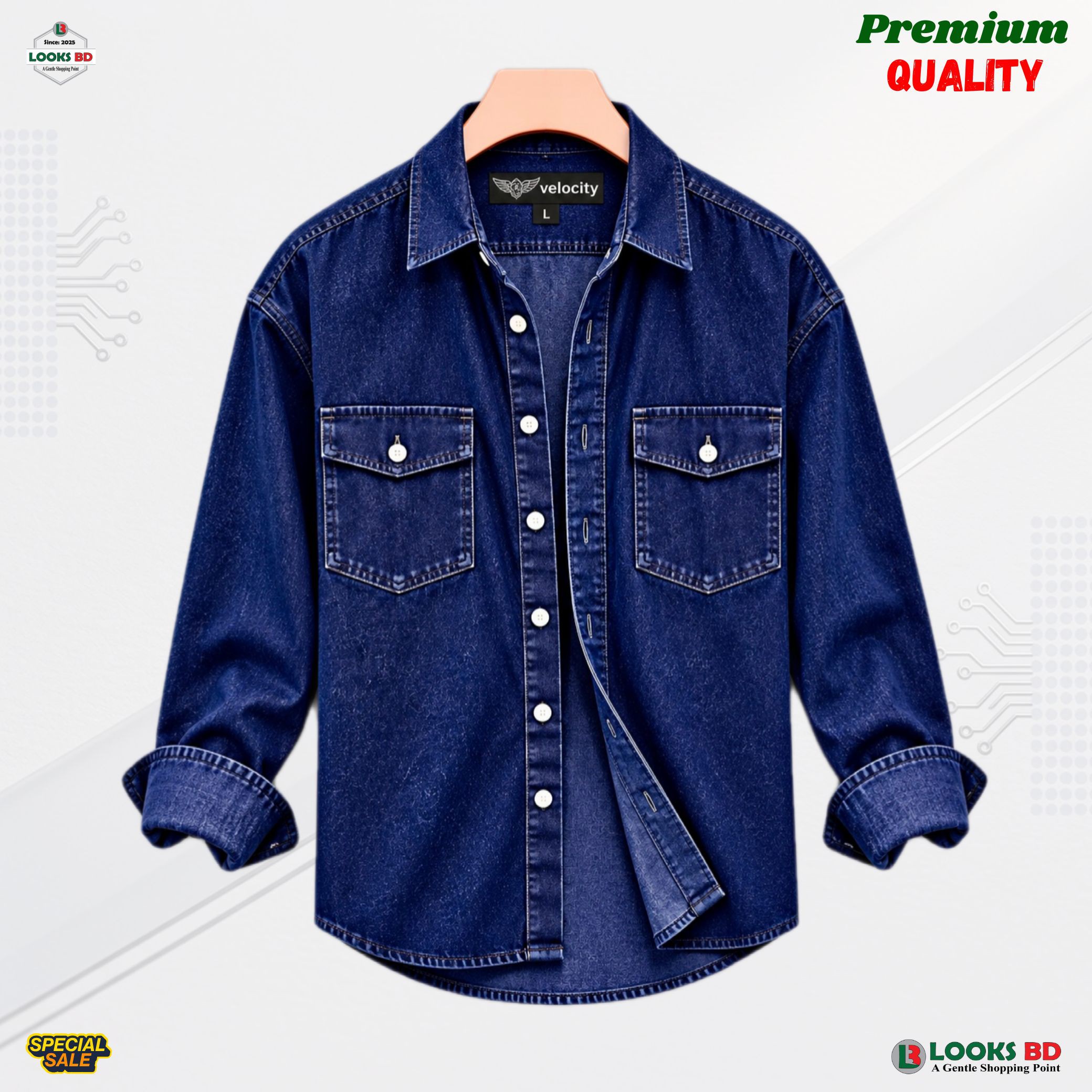Regular Button Double Pocket Denim Shirt _ DEEP BLUE. || 2134